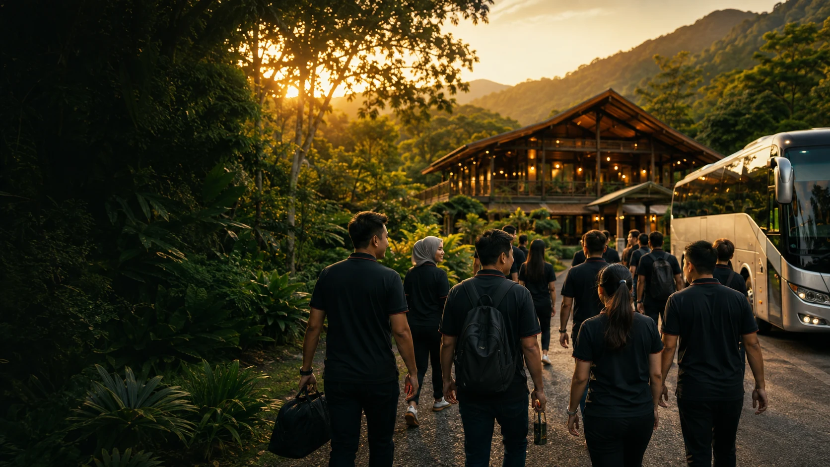 Corporate team arriving at a Malaysian forest resort for GenBijak team building